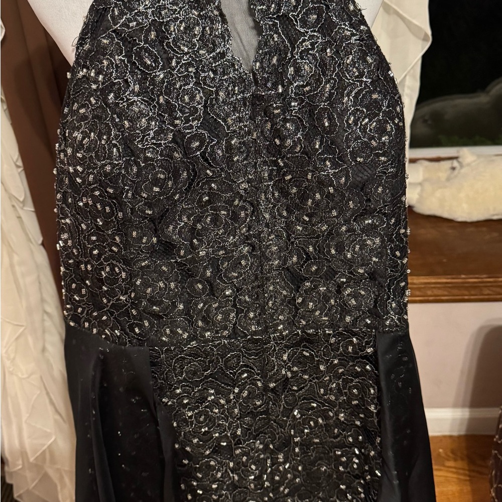 Rachel Allan Black Romper with Silver Accents and Small Overskirt